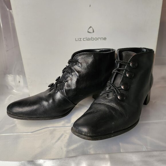 Vintage LIZ CLAIBORNE Eleanor 2 Black Madras Booties - 6.5M 1.5 inch Heels - Picture 1 of 7